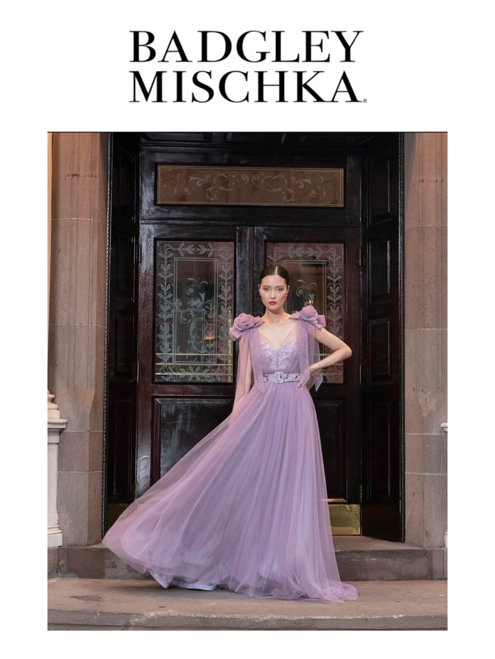 BADGLEY MISCHKA Tulle Gown with Sequined Bodice and Floral Shoulder Accents